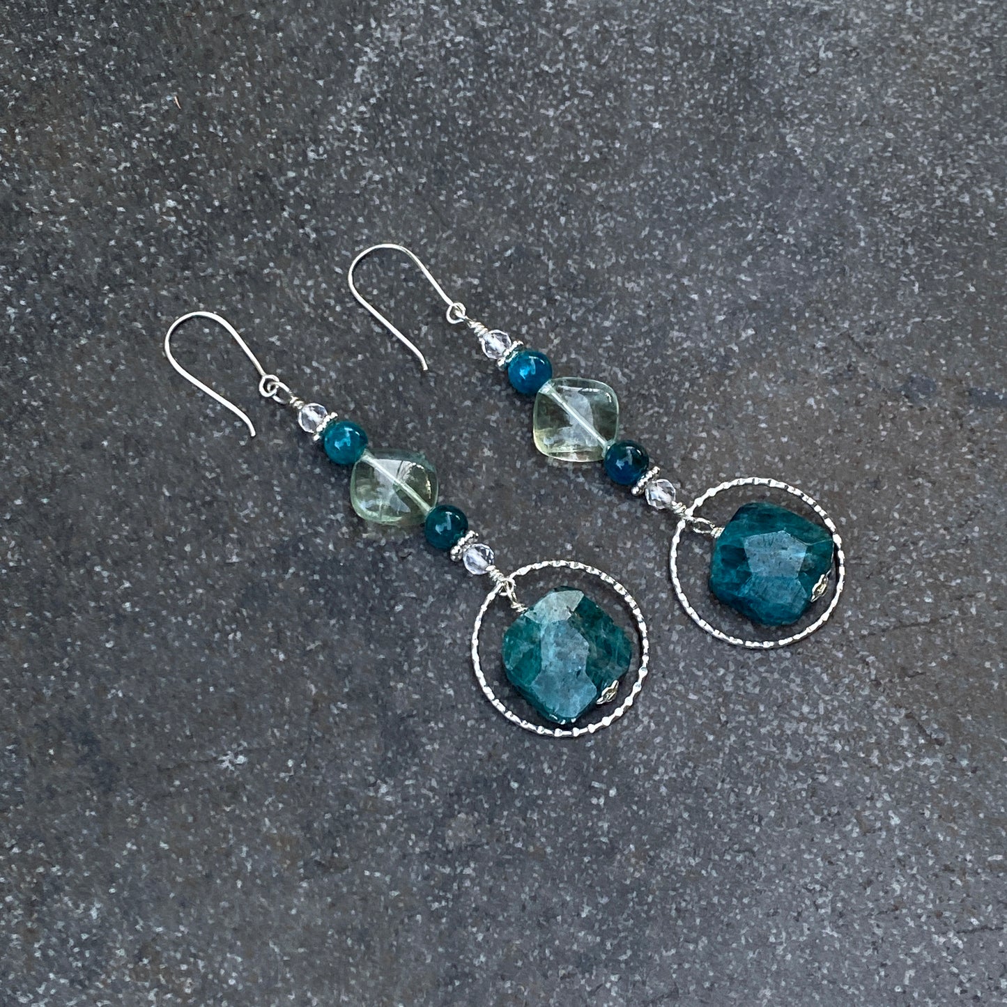 Apatite, Fluorite, White Topaz, and Sterling Silver Long Drop Earrings