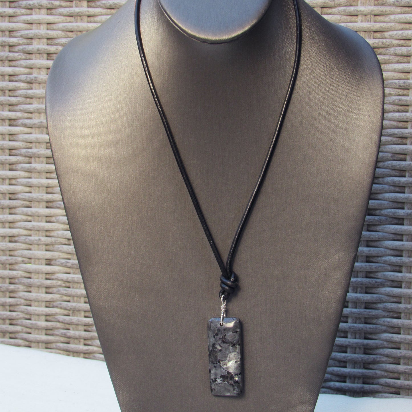 Black Labradorite (Larvikite) gemstone on Leather with Sterling Silver