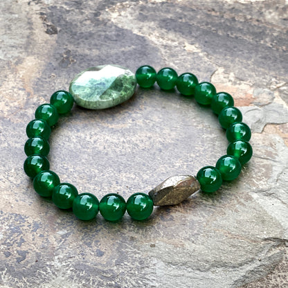 Green Onyx Gemstone, Green Moss Agate, and Pyrite Men’s Stretch Bracelet