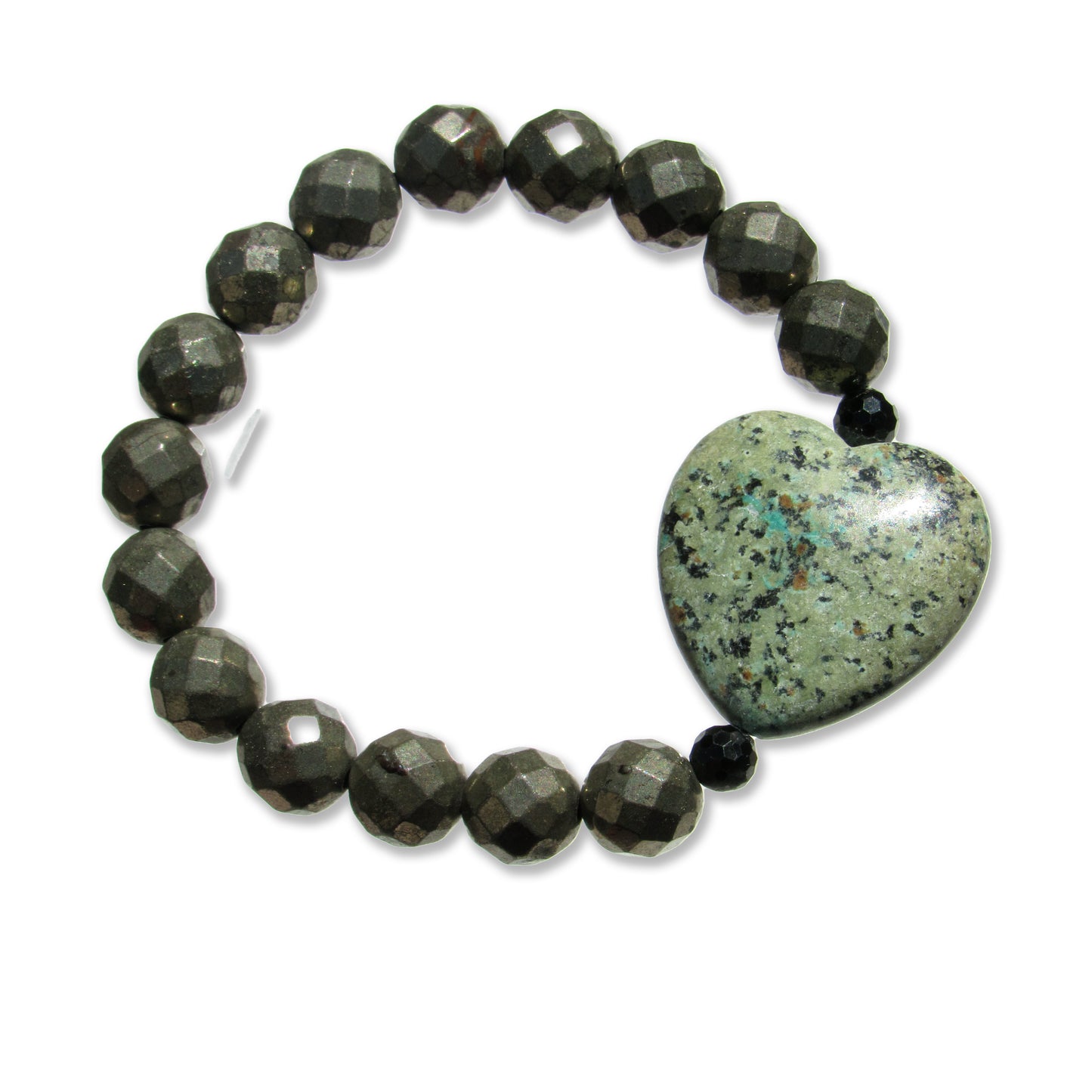 African Turquoise gemstone heart, Pyrite, and Black Spinel bracelet