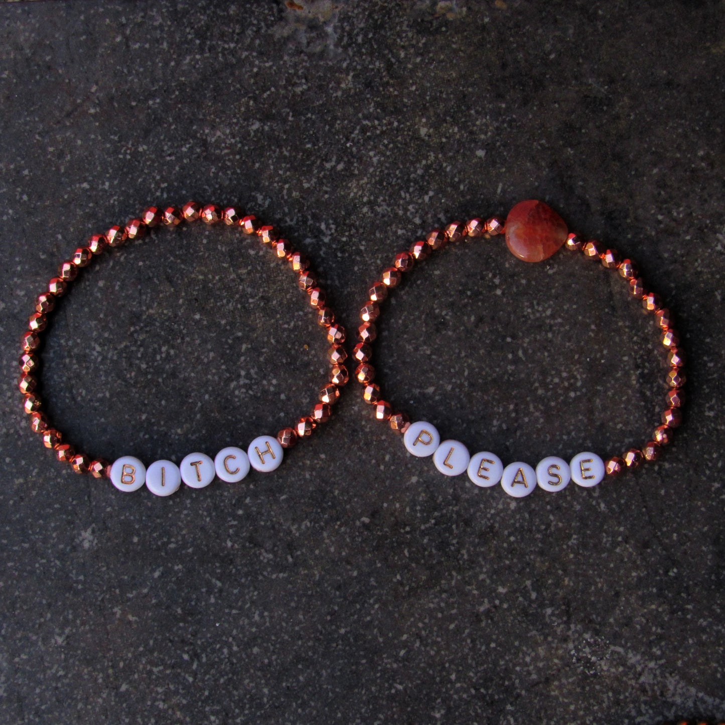 Hematite and Dragon’s Vein Agate “BITCH PLEASE” phrase Bracelets