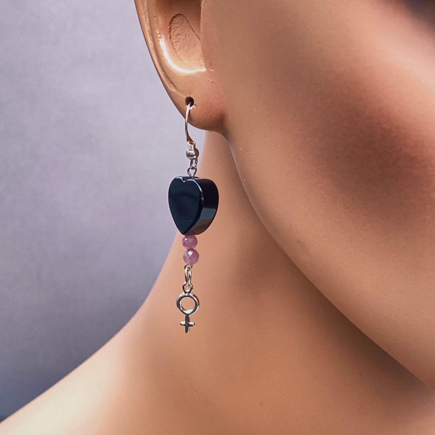 Black Onyx hearts and Pink Tourmaline with Sterling Silver Drop Earrings