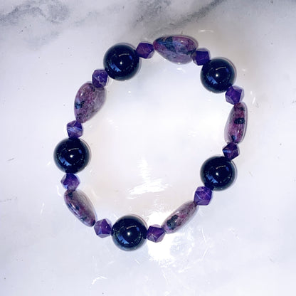 Ruby Zoisite, Amethyst gemstone, and Onyx Bracelet