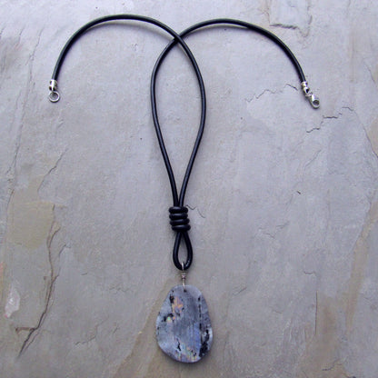 Labradorite gemstone hand Wrapped with Sterling Silver Hand Knotted on Black Leather Necklace