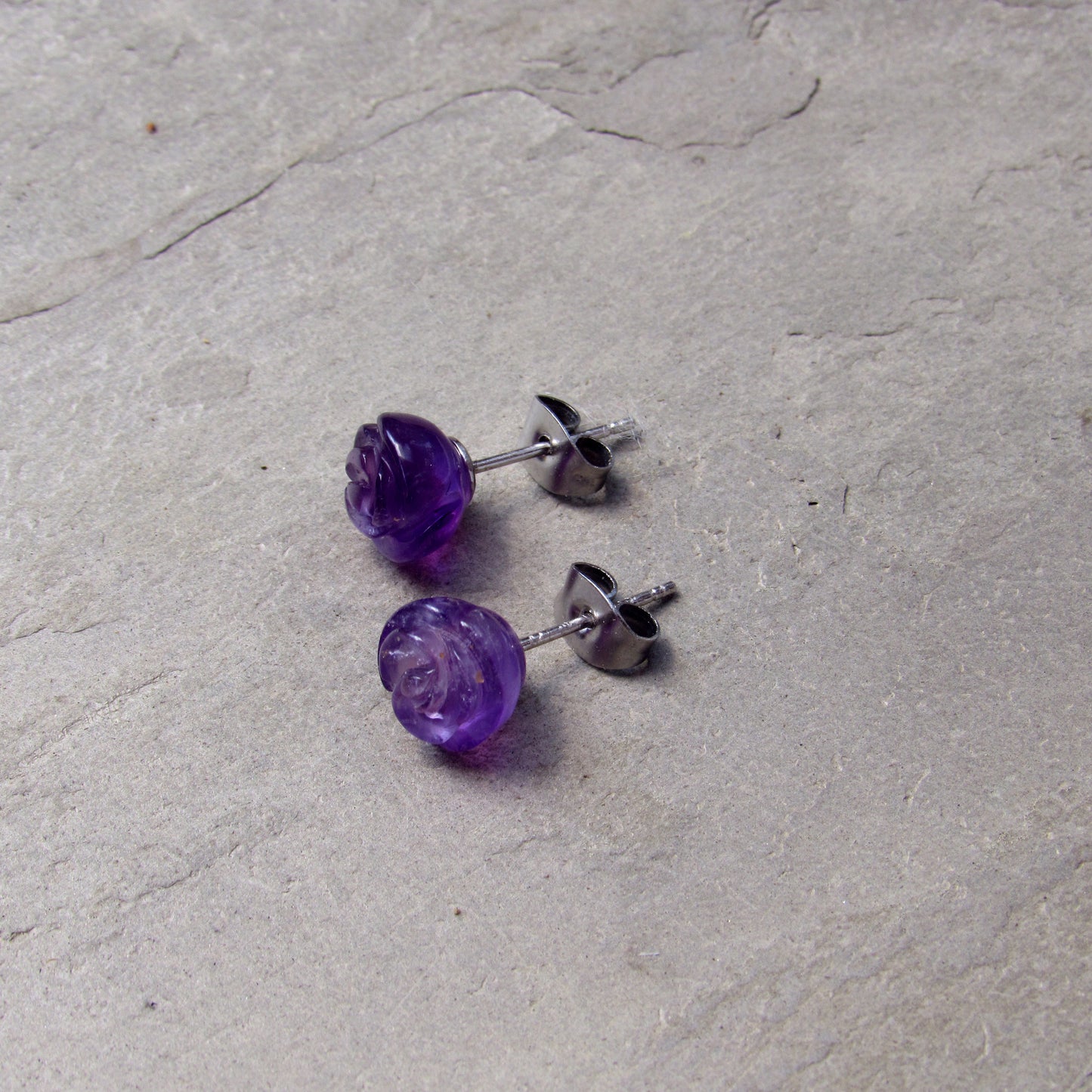 Amethyst gemstone Rose Earrings on Sterling Silver Posts