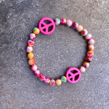 “Tie dye” Genuine Jade Gemstone Peace Sign Stretch Bracelets