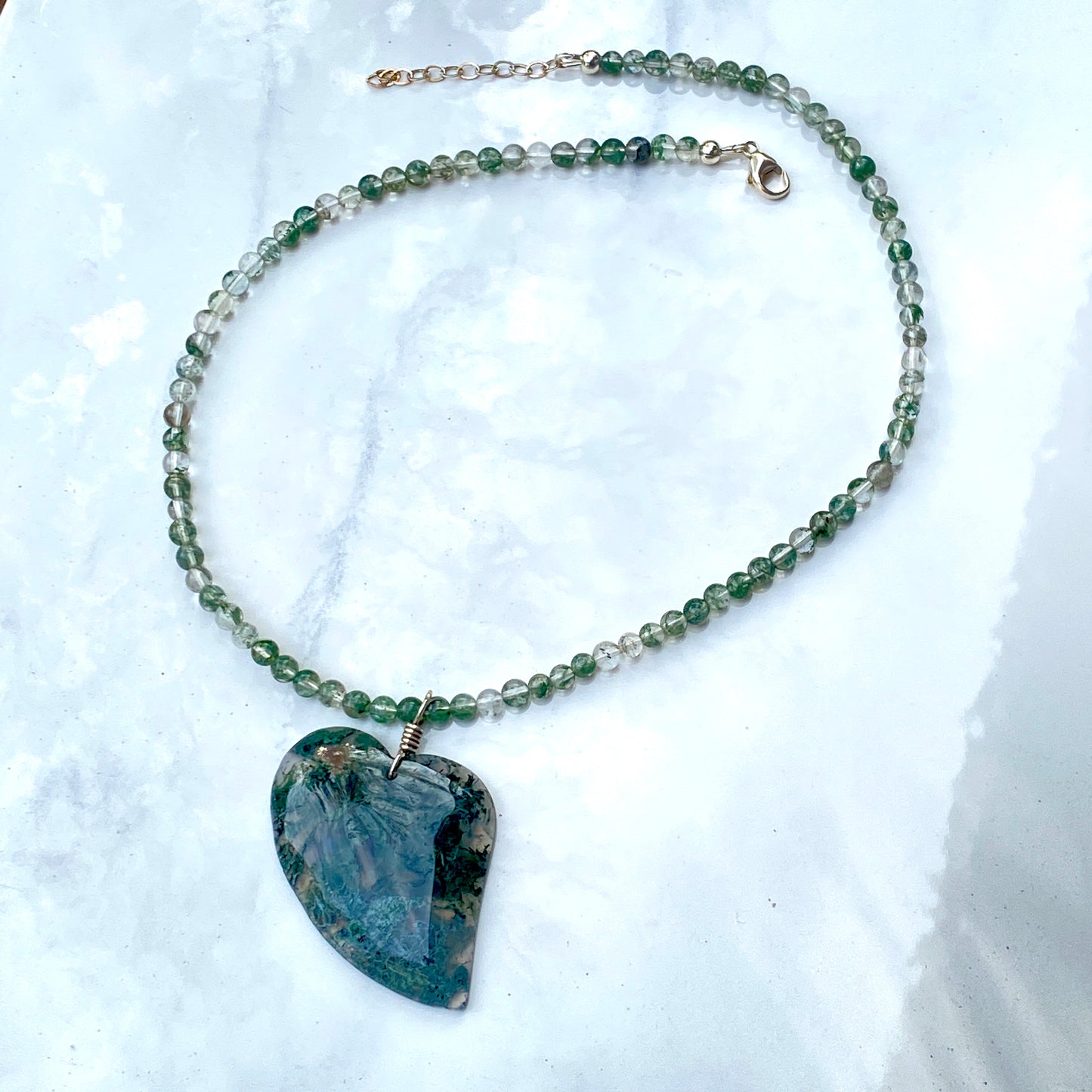 Green Moss Agate Gemstone Heart on Beaded 4mm Green Moss Agate Necklace w/ Sterling Silver Clasp