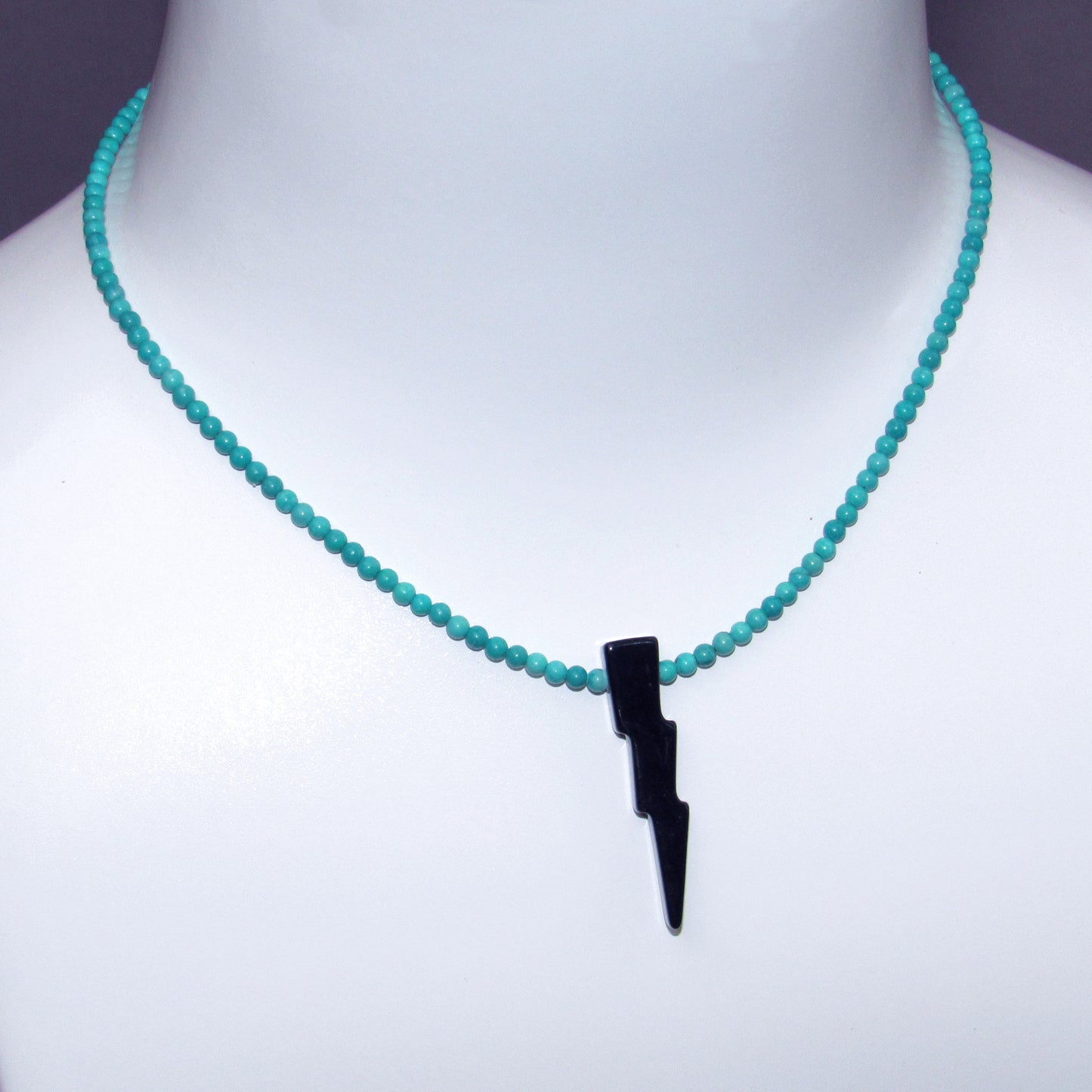 Black Agate Gemstone Lightning Bolt, Genuine Turquoise w/ Oxidized Sterling Silver