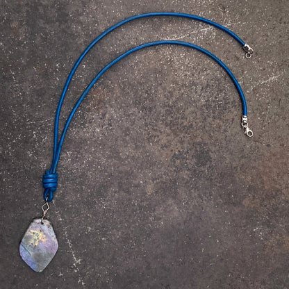 Labradorite Gemstone and Blue Leather Necklace Hand Wrapped w/ Sterling Silver and Sterling Clasp