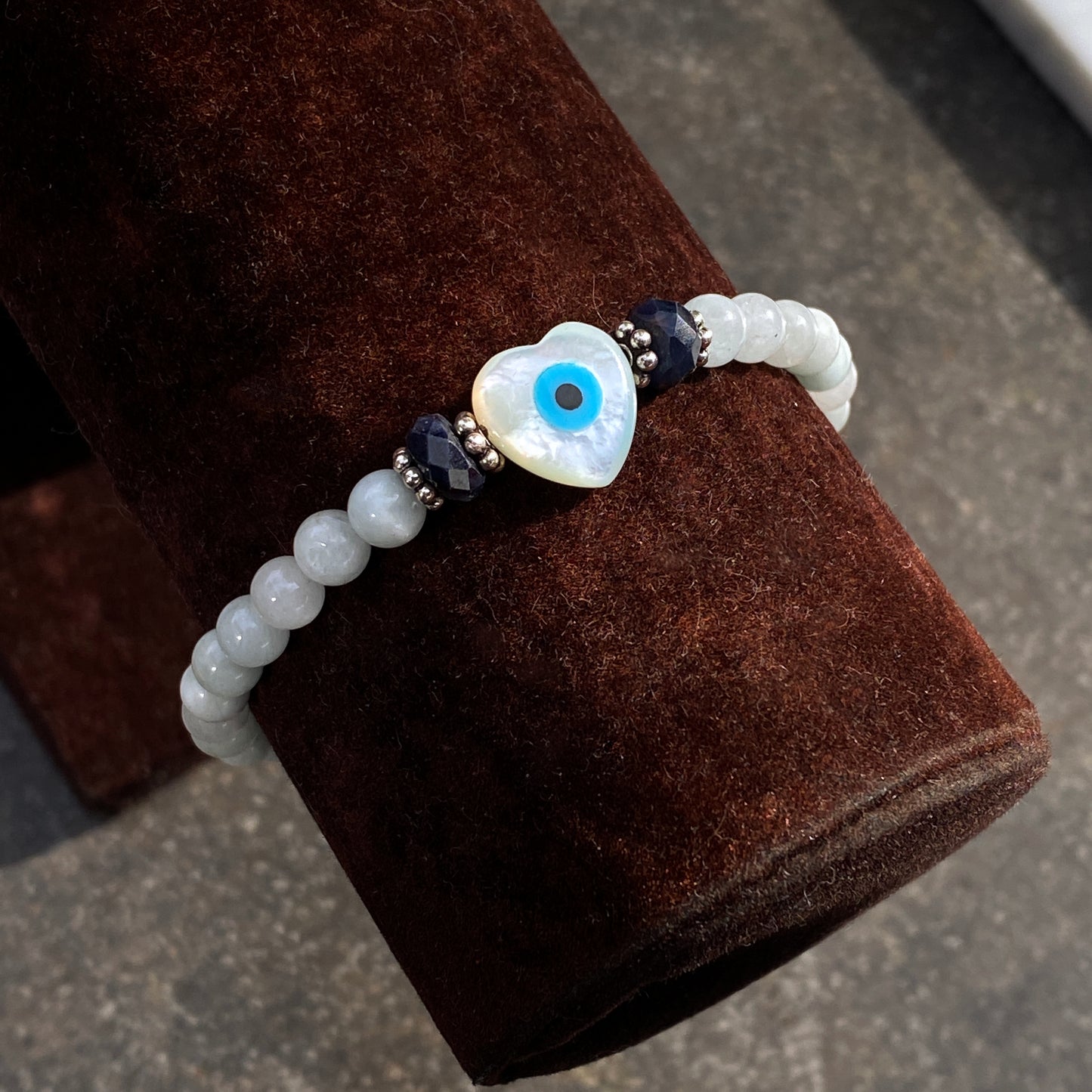 Mother of Pearl, Aquamarine gemstones, and Blue Sapphires with Sterling Silver bracelet