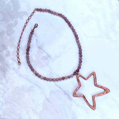 Pink Tourmaline gemstone with Copper Star pendant Necklace