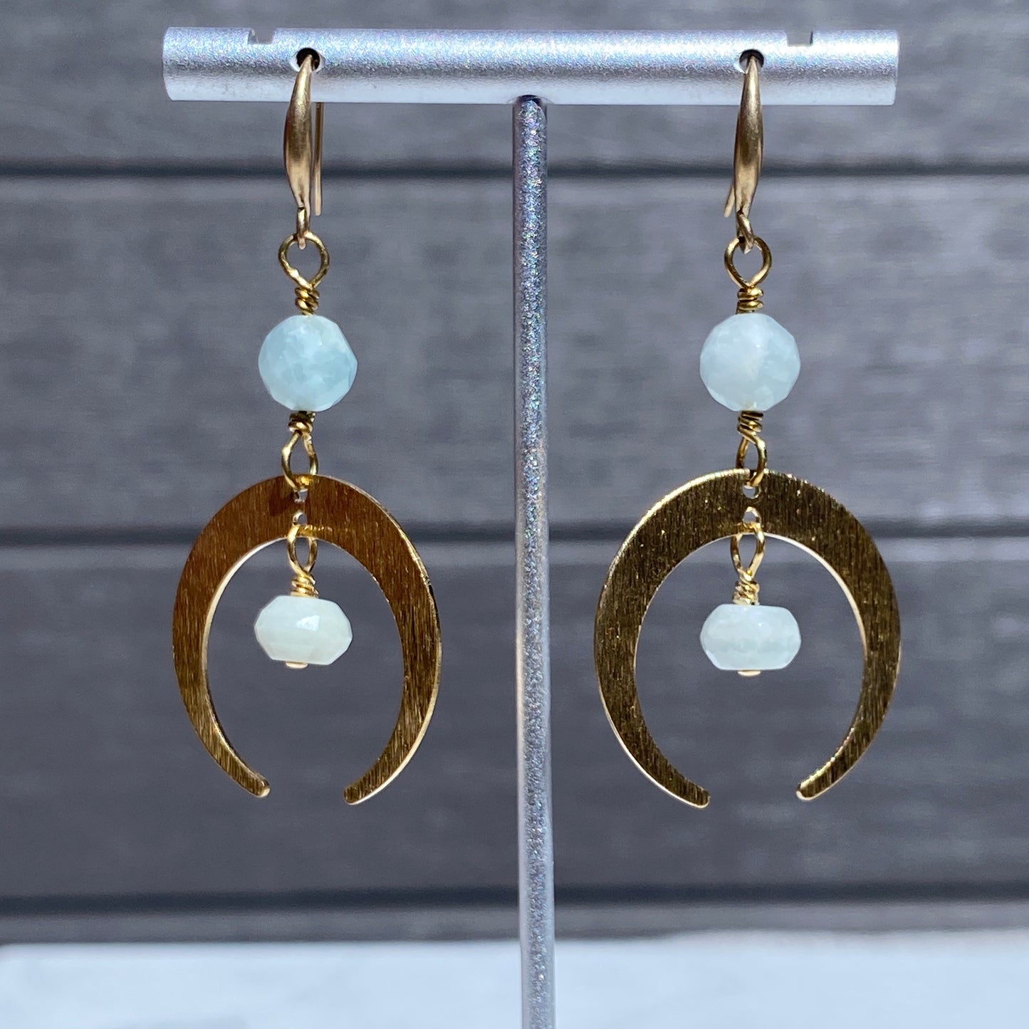 Aquamarine gemstone and brass Moon Earrings