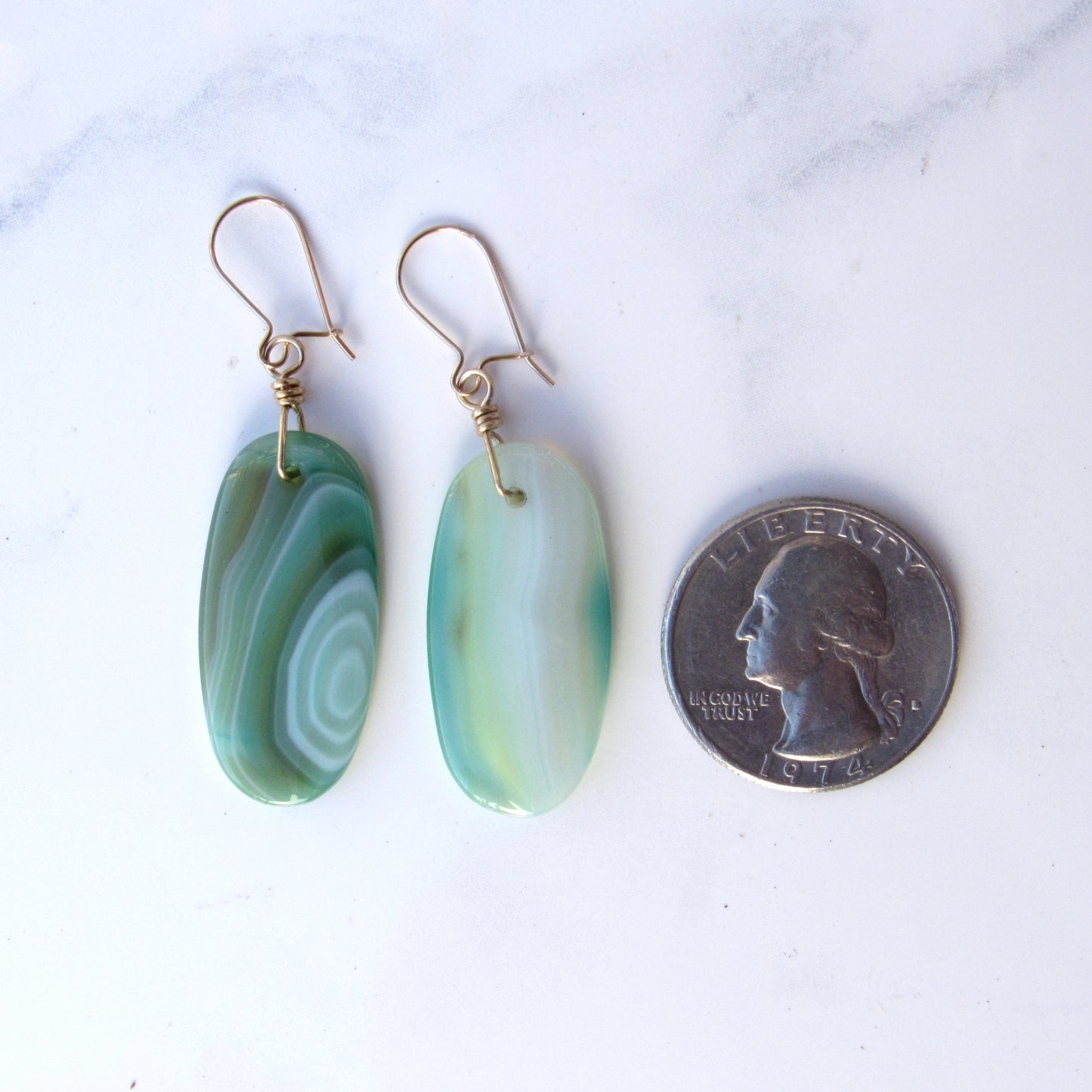 Green Banded Agate gemstone hand wrapped with 14 kt Gold filled Drop Earrings