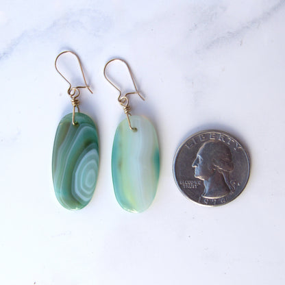 Green Banded Agate gemstone hand wrapped with 14 kt Gold filled Drop Earrings