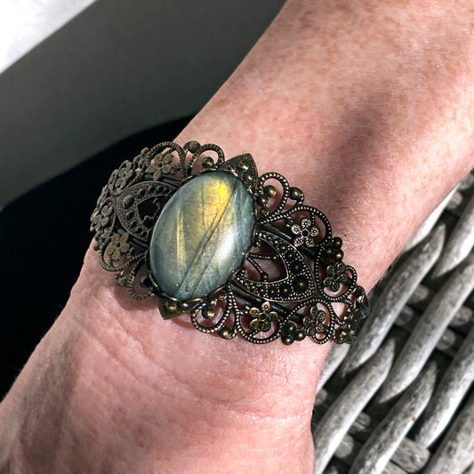 Labradorite Gemstone and Brass Cuff Bracelet