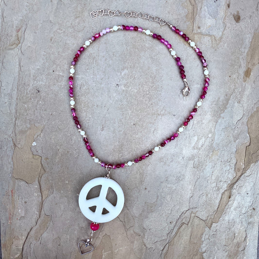 White Agate Peace Sign W/ Pink Banded Agate Sterling Silver Heart & Chalcedony