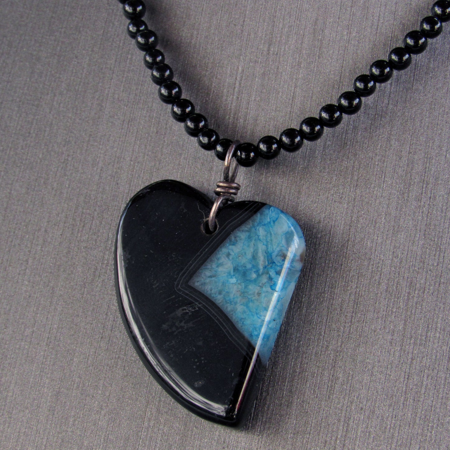 Druzy Agate gemstone Heart on Onyx beaded necklace