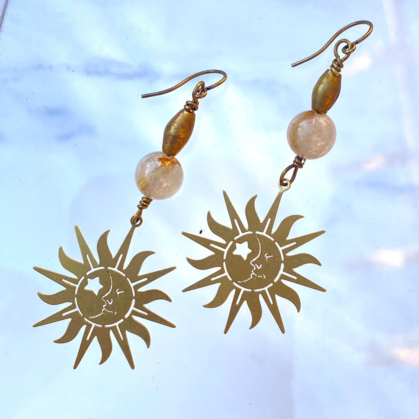 Rutile Quartz and Brass Moon and Sun earrings