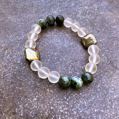 Matte Quartz, Pyrite, and Moss Agate Gemstone stretch bracelet