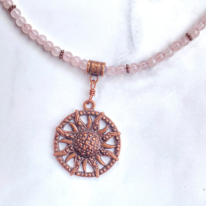 Rose Quartz gemstone  and copper Sun pendant beaded necklace