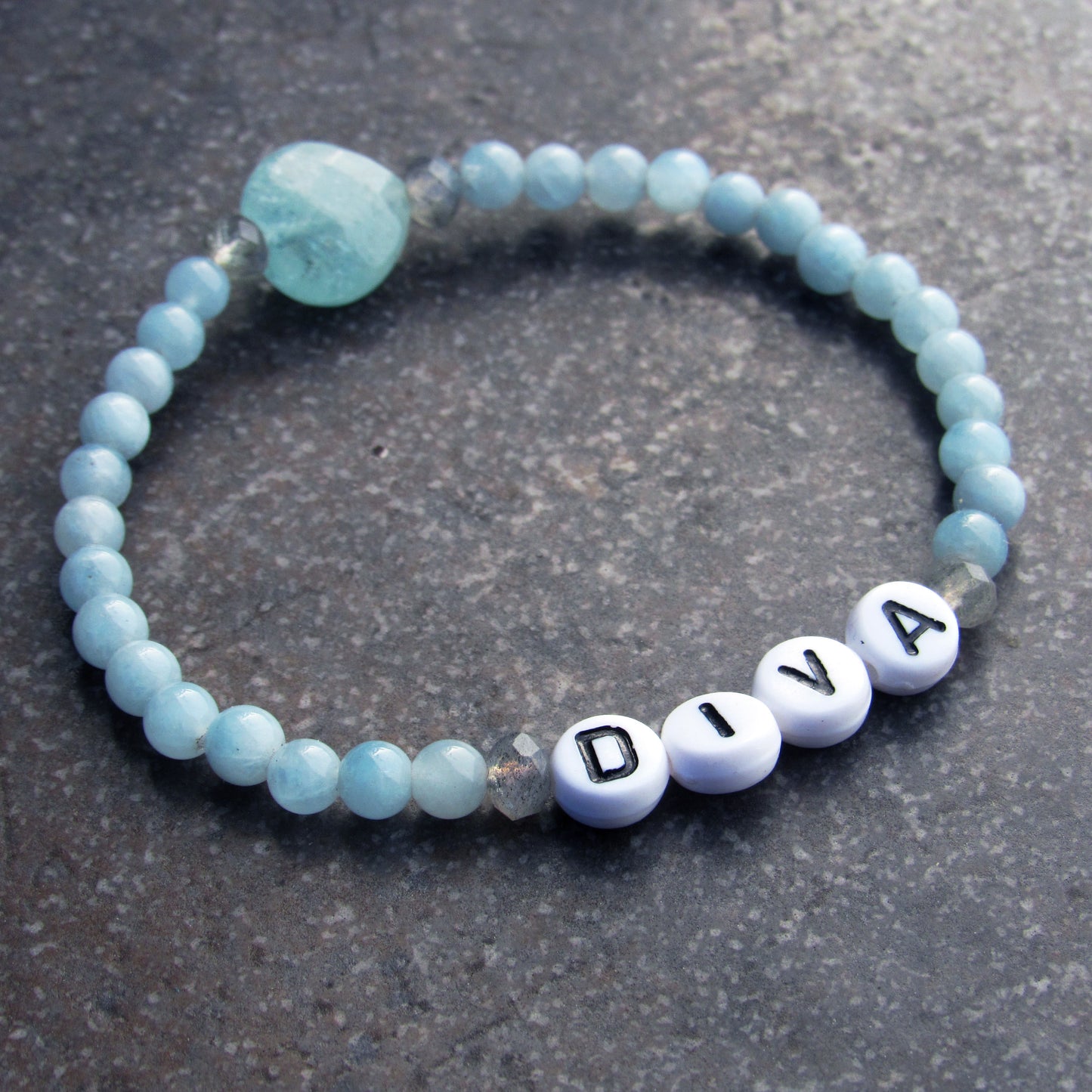 Aquamarine Gemstone and Labradorite “DIVA” Stretch Bracelet