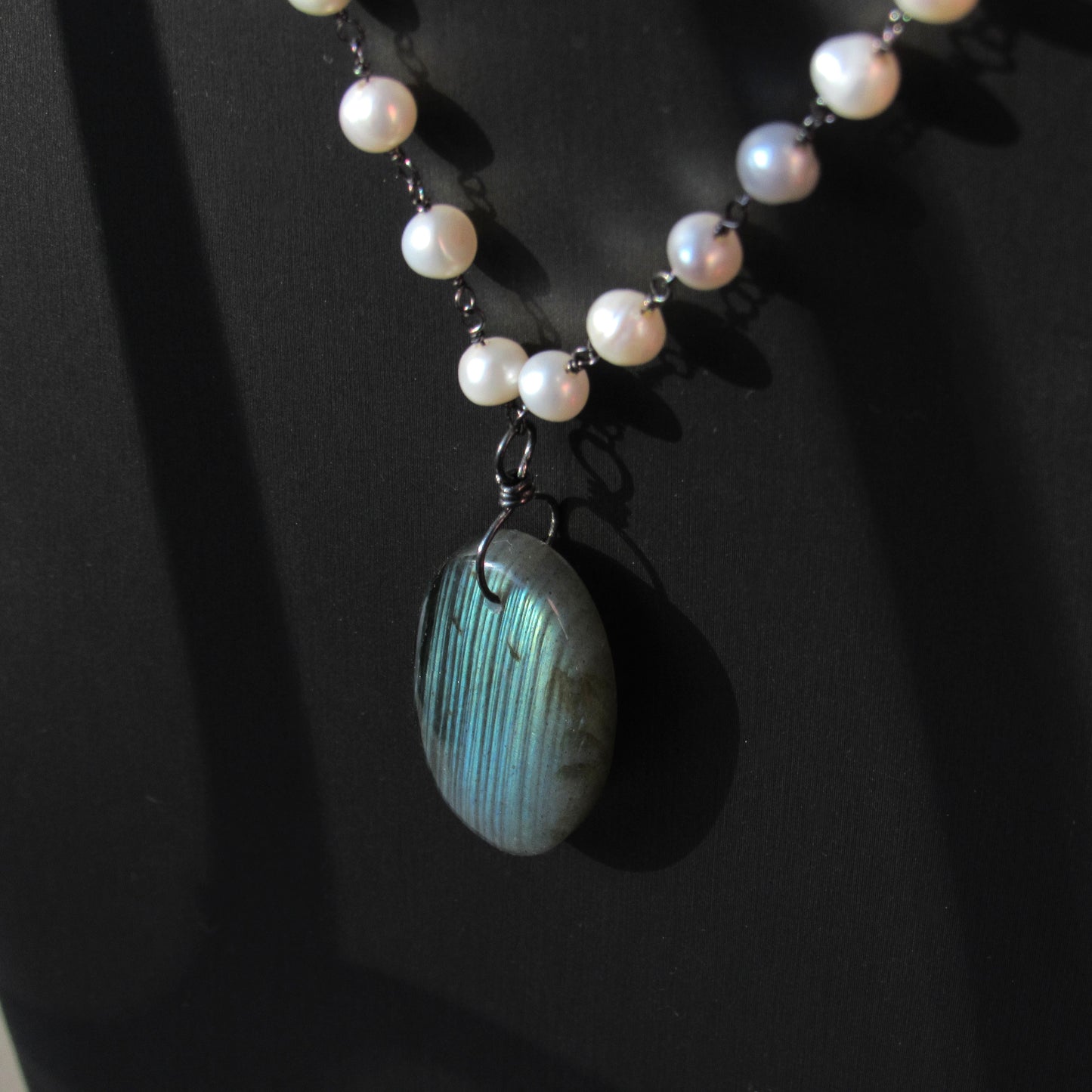 Freshwater Pearls, Oxidized Sterling Silver, and Fire Labradorite Necklace