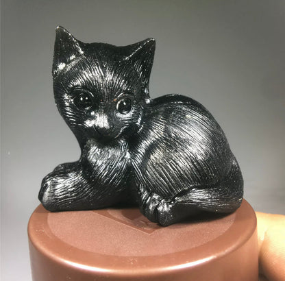 Natural Black Obsidian Lying Down Cat