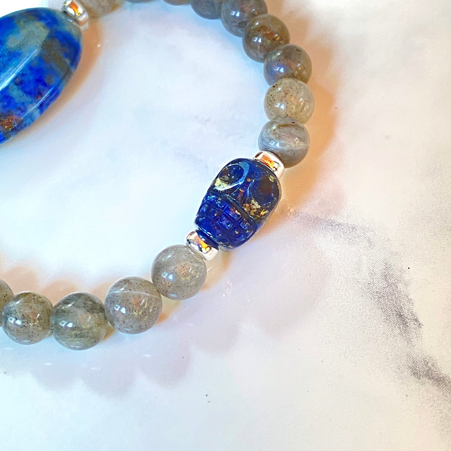 Lapis Lazuli gemstone Skull with Sterling Silver and Labradorite Bracelet