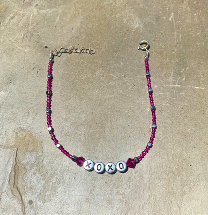 Pink agate, hematite, and Swarovski Crystal “xoxo” sterling silver anklet