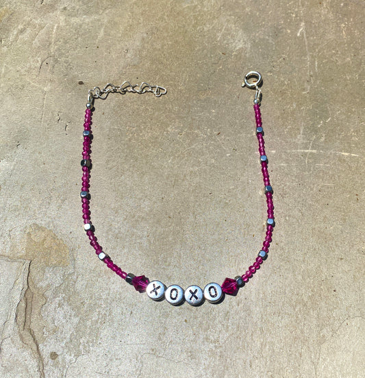 Pink agate, hematite, and Swarovski Crystal “xoxo” sterling silver anklet