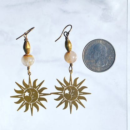 Rutile Quartz and Brass Moon and Sun earrings