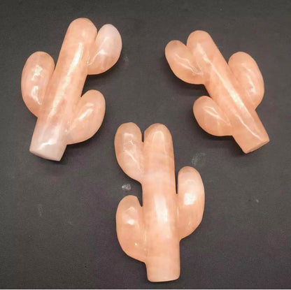 Natural Rose Quartz gemstone Carved Cactus