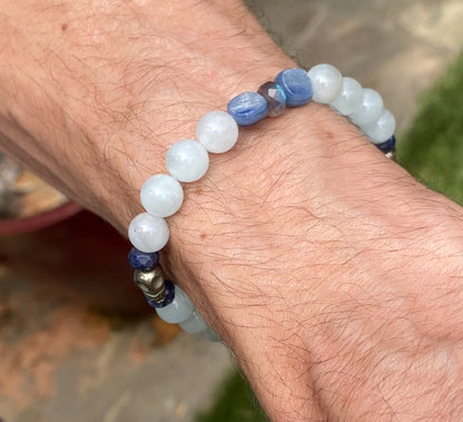 Aquamarine, labradorite, blue sapphires, pyrite skull, and kyanite gemstone bracelet