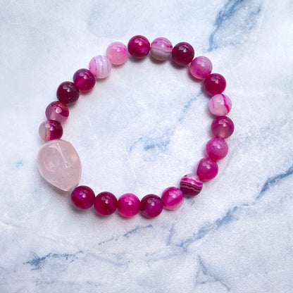 Pink Banded Agate and Rose Quartz Skull Bracelet