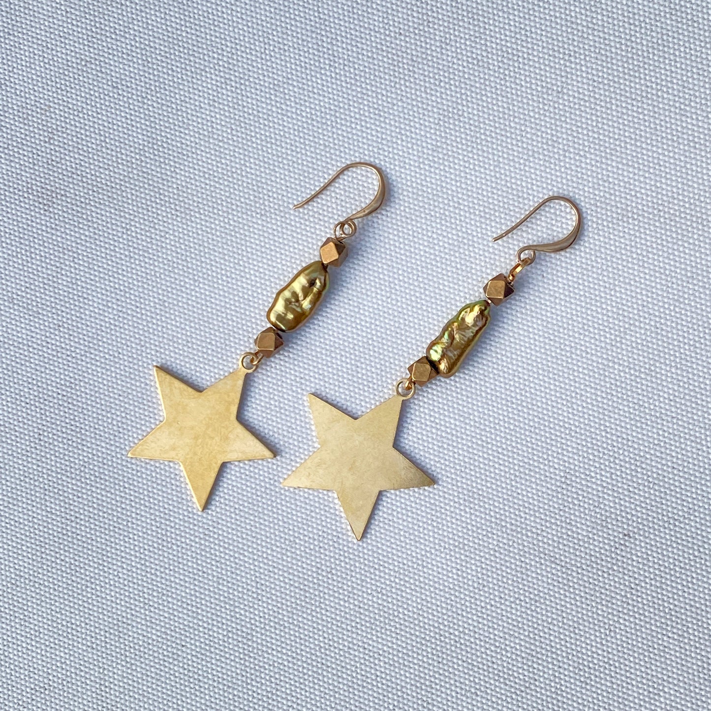 Brass Star and Green Pearl Drop Earrings