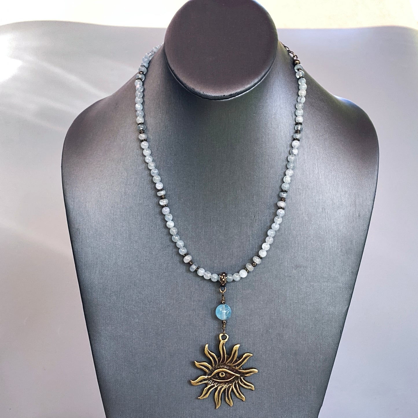 Aquamarine gemstone with Brass Evileye Sun pendant Necklace