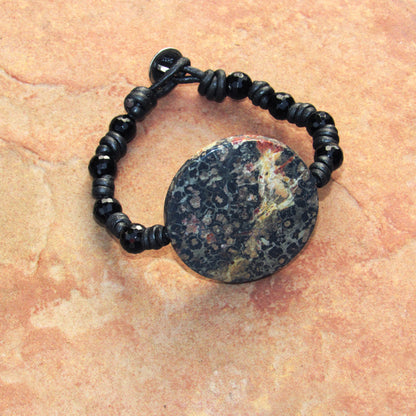 Leather Knotted Leopard Print Jasper Gemstone, Faceted Onyx, and Sterling Silver Button Bracelet