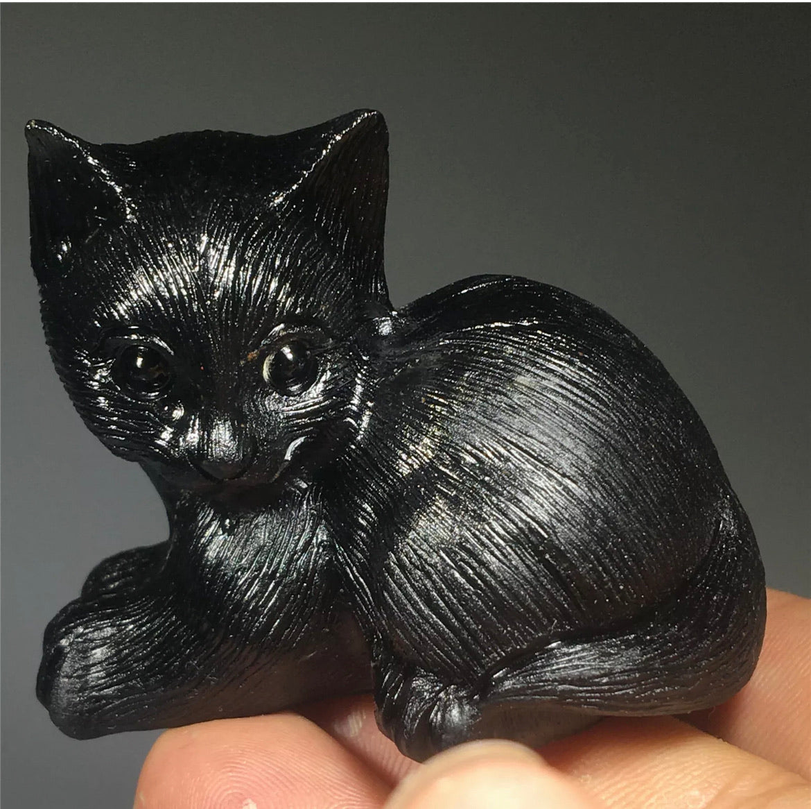 Natural Black Obsidian Lying Down Cat