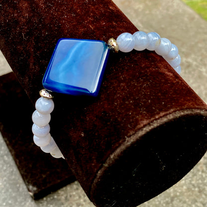 Blue Agate, Blue Lace Agate, Sterling Silver Stretch Bracelet