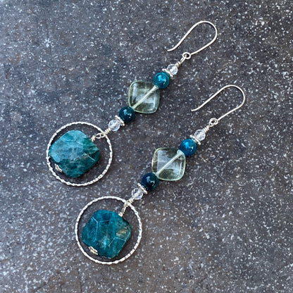 Apatite, Fluorite, White Topaz, and Sterling Silver Long Drop Earrings