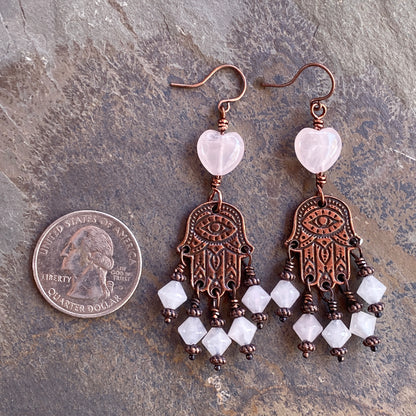 Rose Quartz and copper Hamsa Earrings