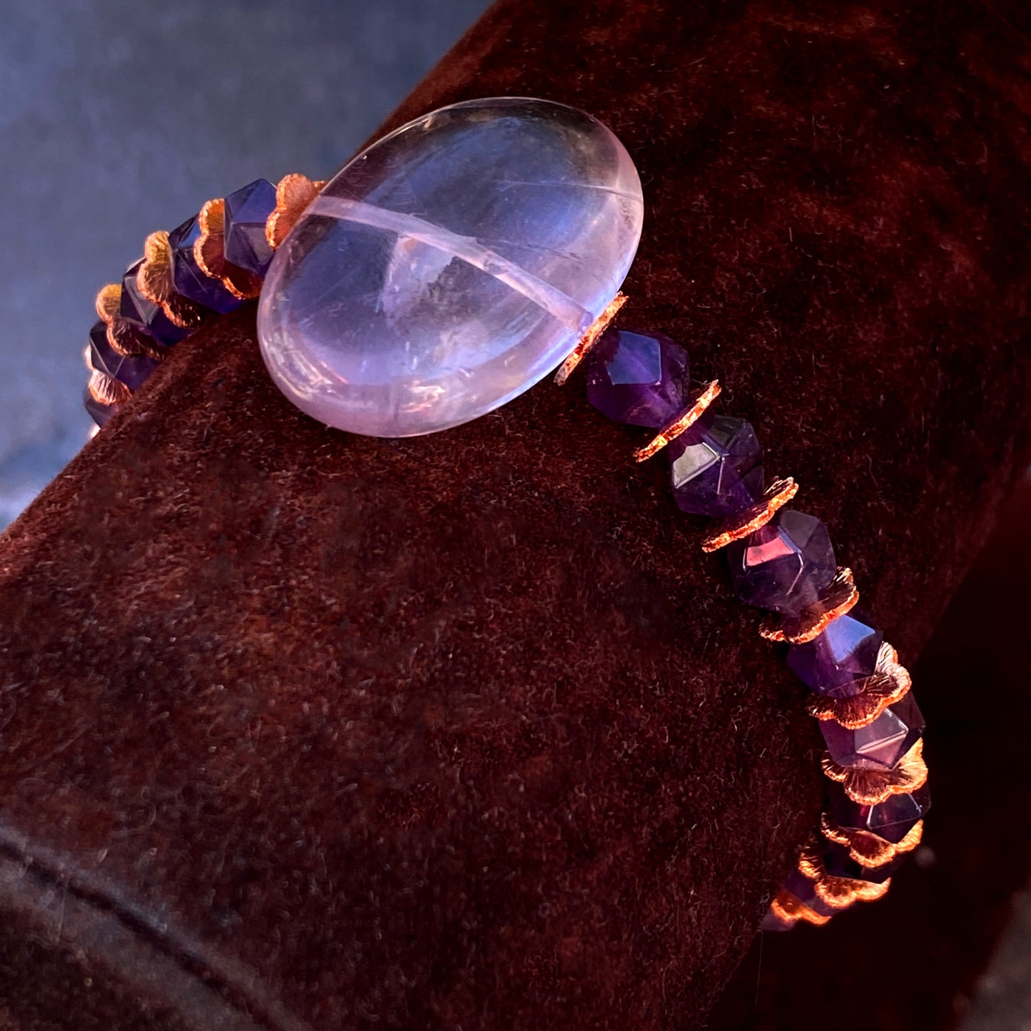 Amethyst gemstone and Copper beaded stretch bracelet