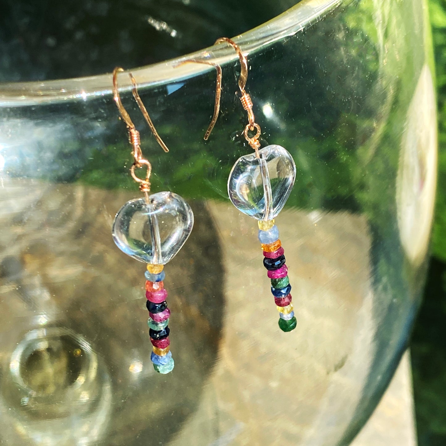 Clear Quartz hearts with precious stones Emeralds, Rubies, Sapphires drop earrings