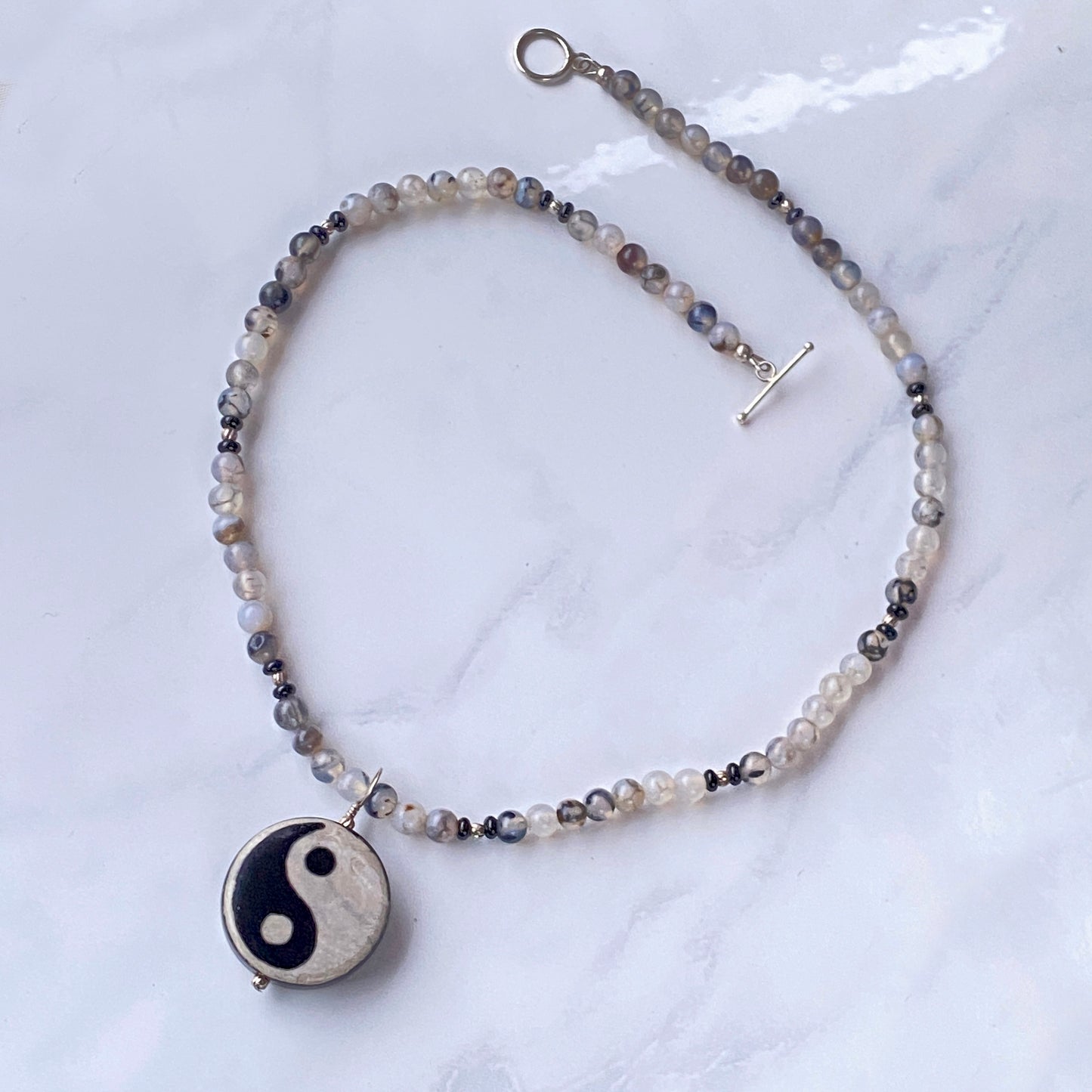 Onyx and Tibetan Agate gemstone Yin Yang Necklace