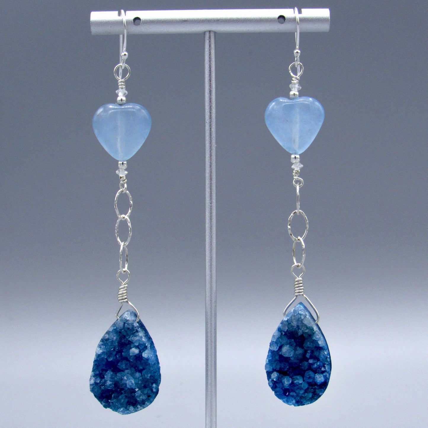 Blue Druzy Gemstone, Blue Jade Hearts, White Topaz, Sterling Silver Drop Earrings