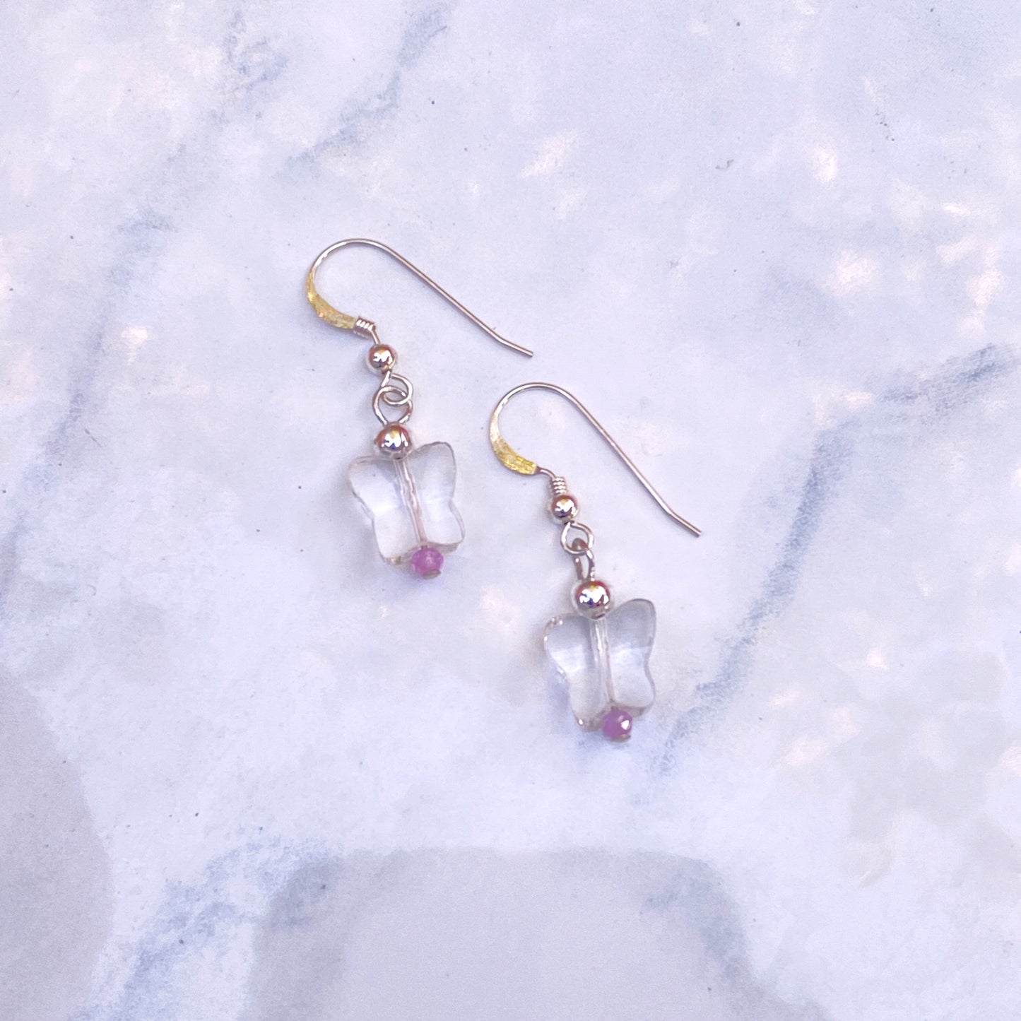 Clear Quartz Butterflies with Pink Sapphires and Sterling Silver Drop Earrings