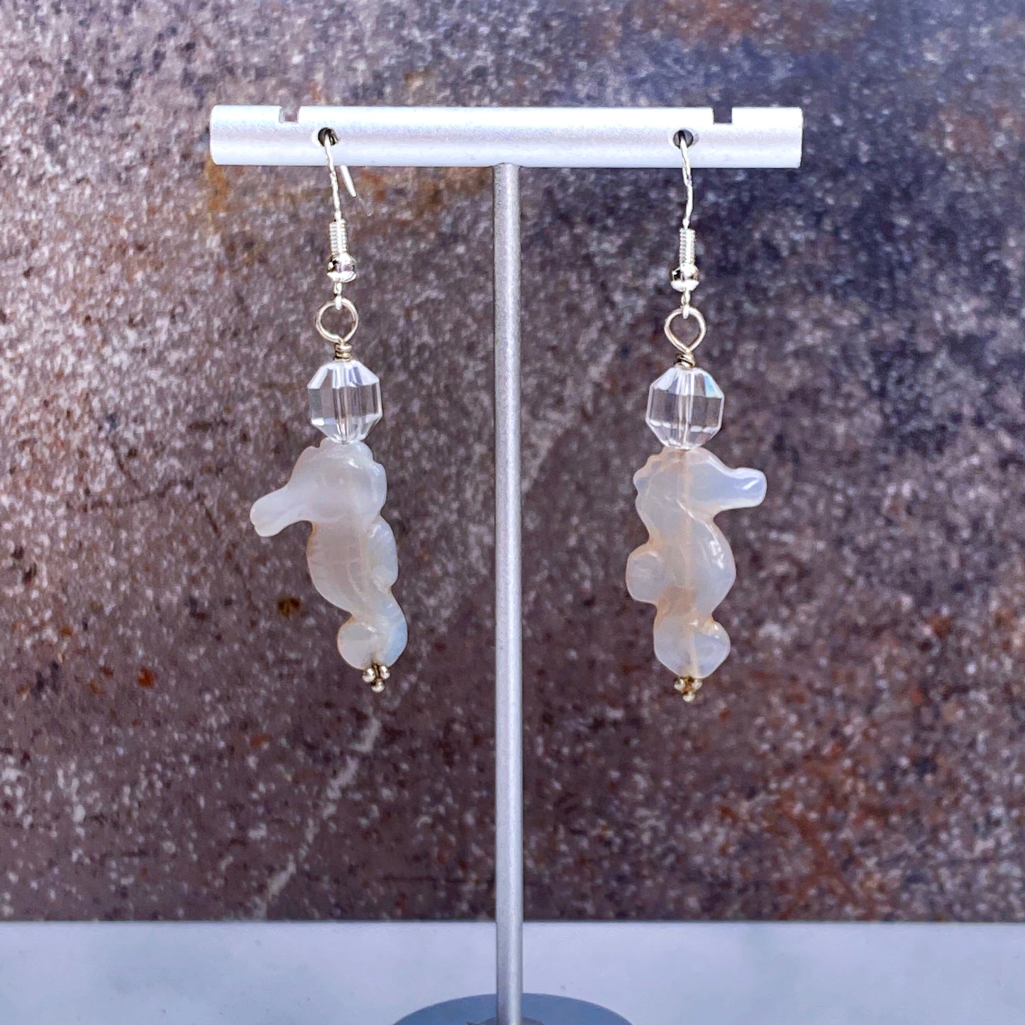 Grey Agate gemstone Seahorses, Clear Quartz, and Sterling Silver Drop Earrings