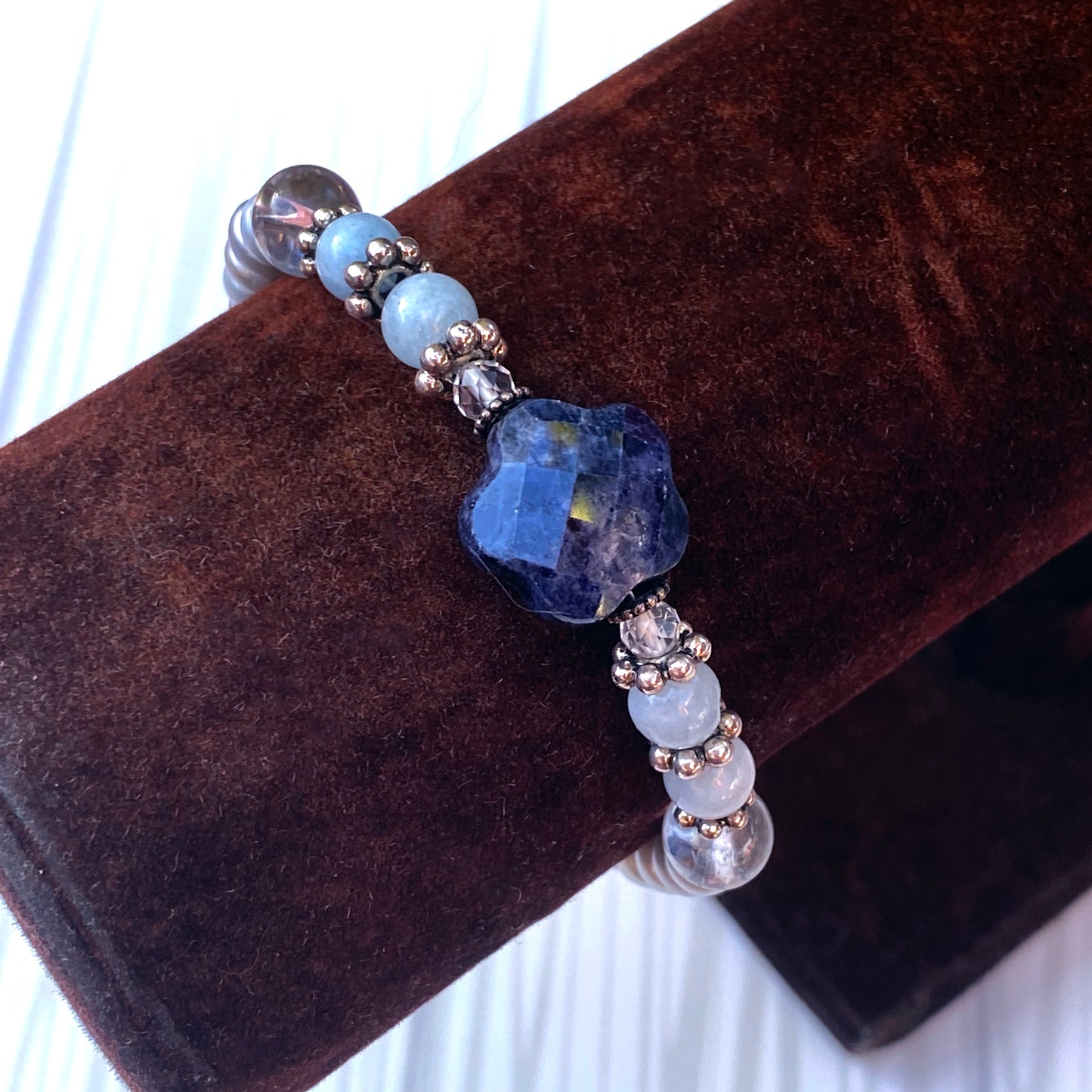 Blue Sapphire gemstone beaded Bracelet with aquamarine and quartz