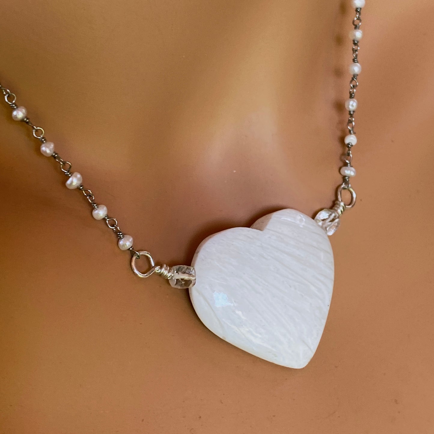 Scolecite gemstone Heart on Sterling Silver Wrapped Fresh Water Pearl Chain Necklace