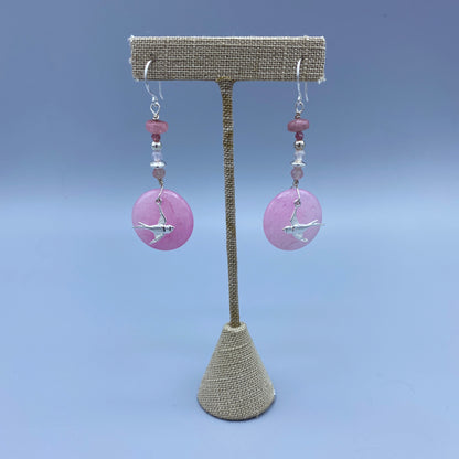 Pink Jade, Pink Tourmaline & Rose Quartz Gemstone Bird Earrings